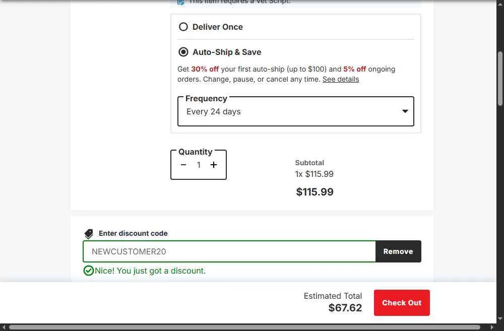 Pro Plan Vet Direct checkout page showing Pro Plan Vet Direct promo code box | Screenshot taken by SimplyCodes community member on Oct 20, 2025