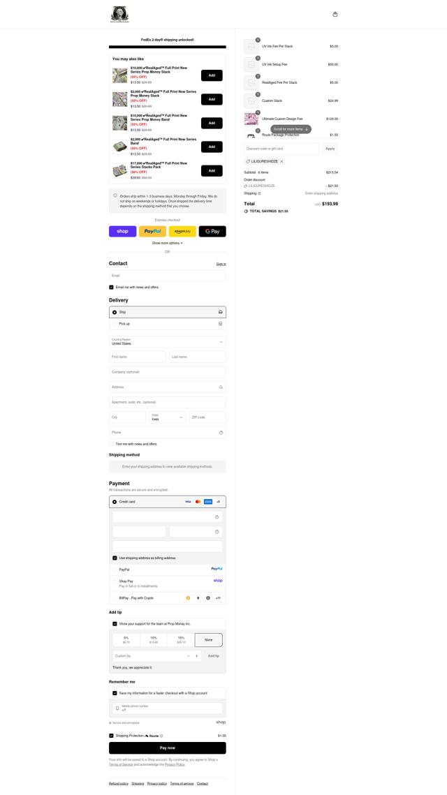 Prop Money checkout page showing Prop Money discount code box | Screenshot taken by SimplyCodes community member on Sep 13, 2025