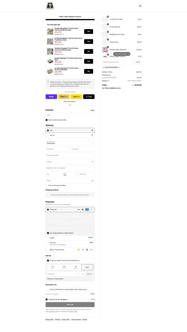 Prop Money checkout page showing Prop Money discount code box | Screenshot taken by SimplyCodes community member on Sep 13, 2025