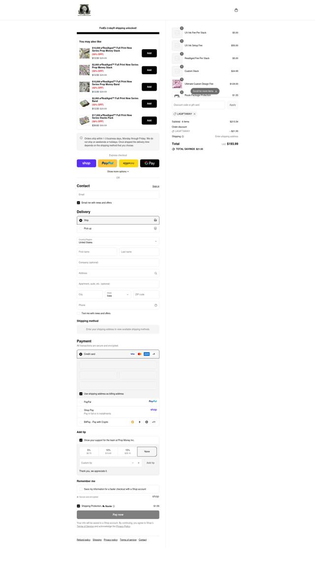 Prop Money checkout page showing Prop Money discount code box | Screenshot taken by SimplyCodes community member on Sep 13, 2025