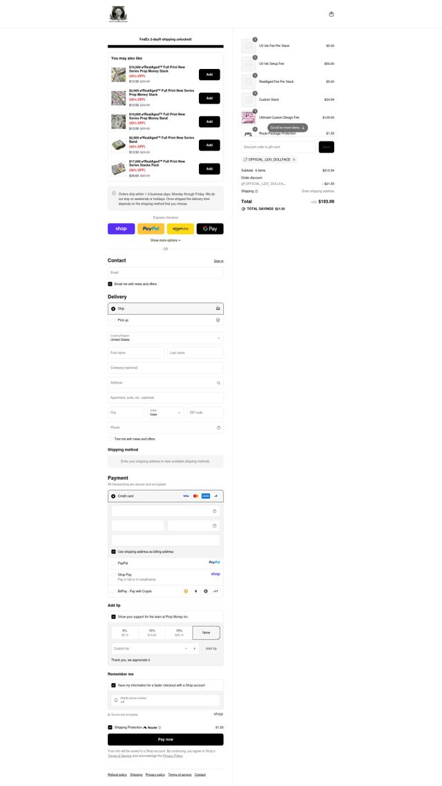 Prop Money checkout page showing Prop Money discount code box | Screenshot taken by SimplyCodes community member on Sep 13, 2025