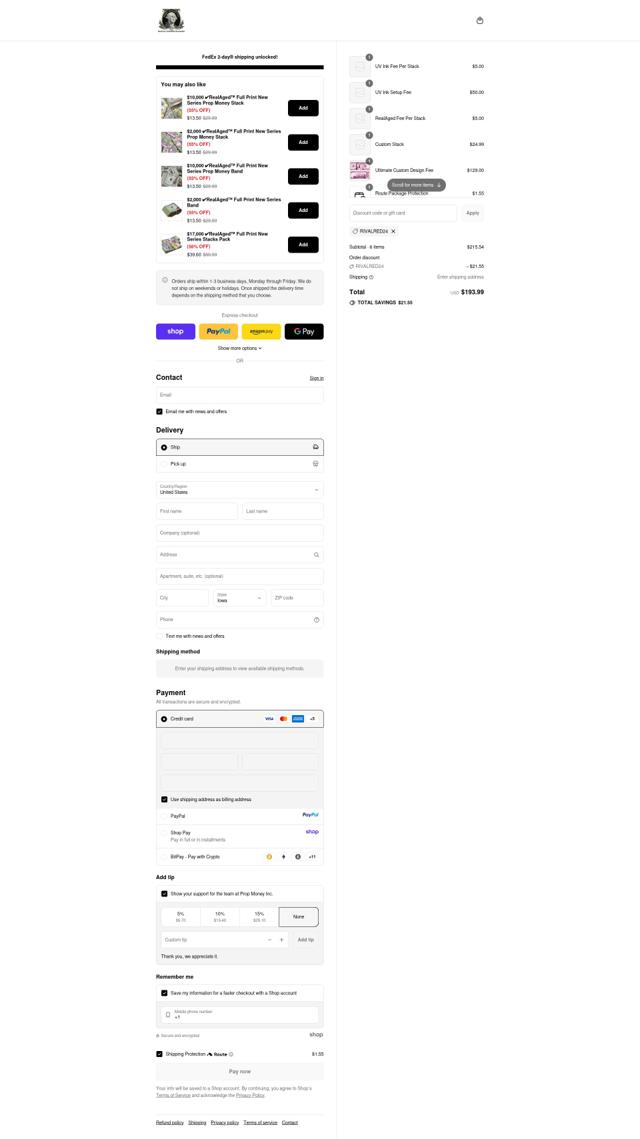 Prop Money checkout page showing Prop Money discount code box | Screenshot taken by SimplyCodes community member on Sep 13, 2025