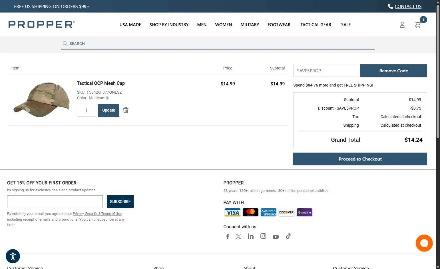 Propper checkout page showing Propper discount code box | Screenshot taken by SimplyCodes community member on Oct 22, 2025