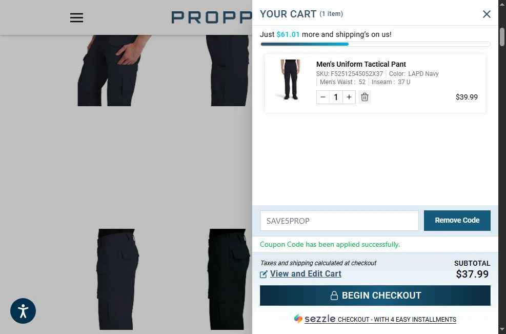 Propper checkout page showing Propper discount code box | Screenshot taken by SimplyCodes community member on Oct 22, 2025