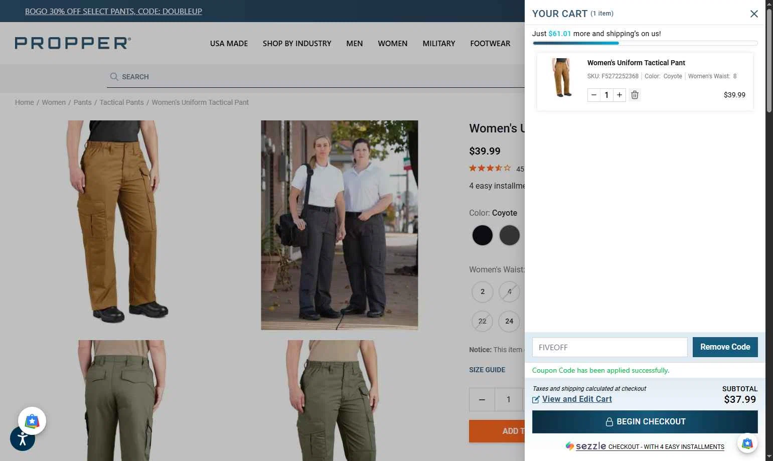 Propper checkout page showing Propper discount code box | Screenshot taken by SimplyCodes community member on Oct 6, 2025