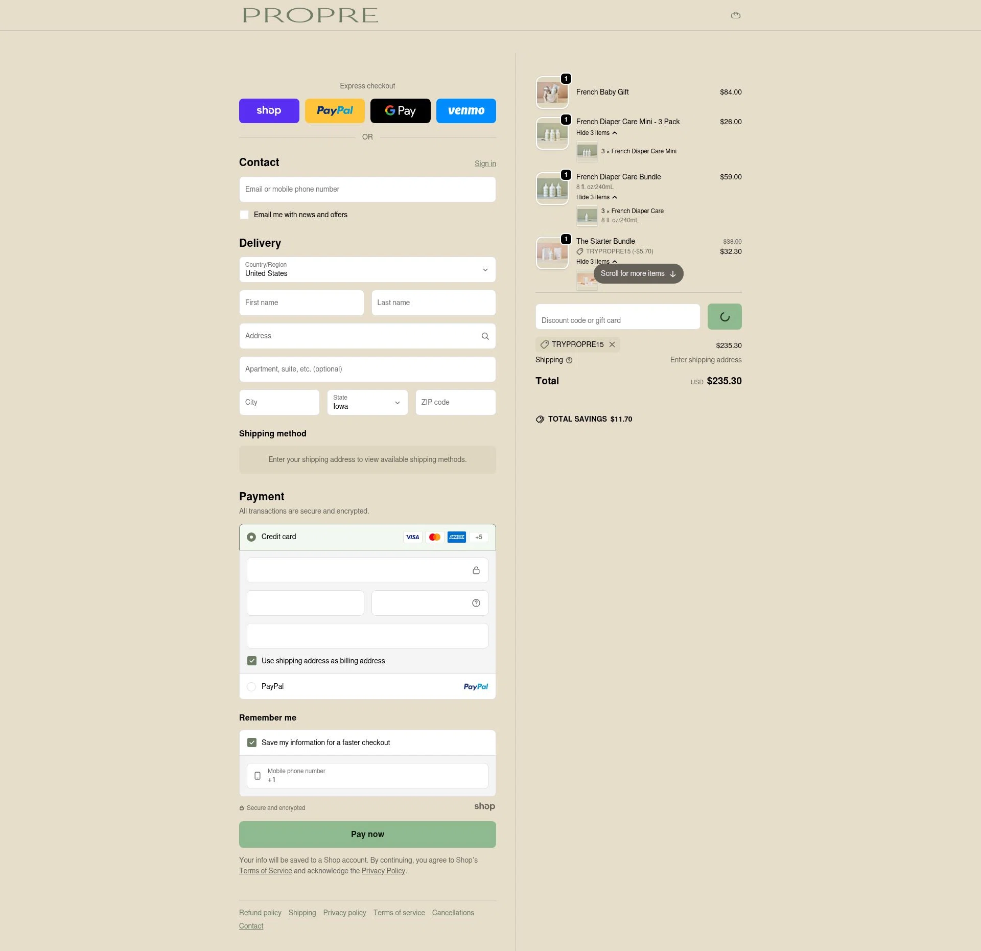 Propre Baby checkout page showing Propre Baby promo code box | Screenshot taken by SimplyCodes community member on Dec 22, 2025