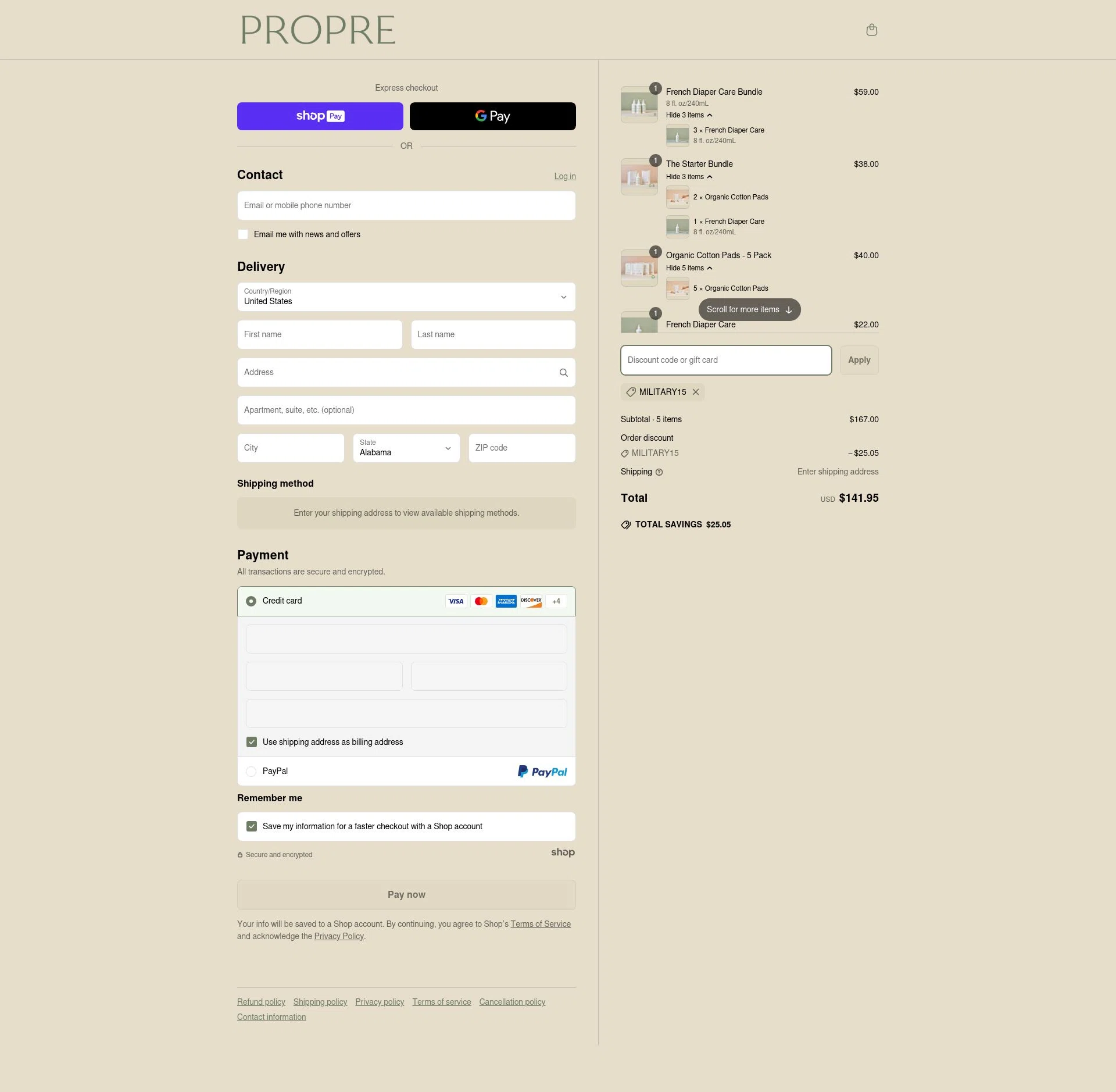 Propre Baby checkout page showing Propre Baby promo code box | Screenshot taken by SimplyCodes community member on May 16, 2025
