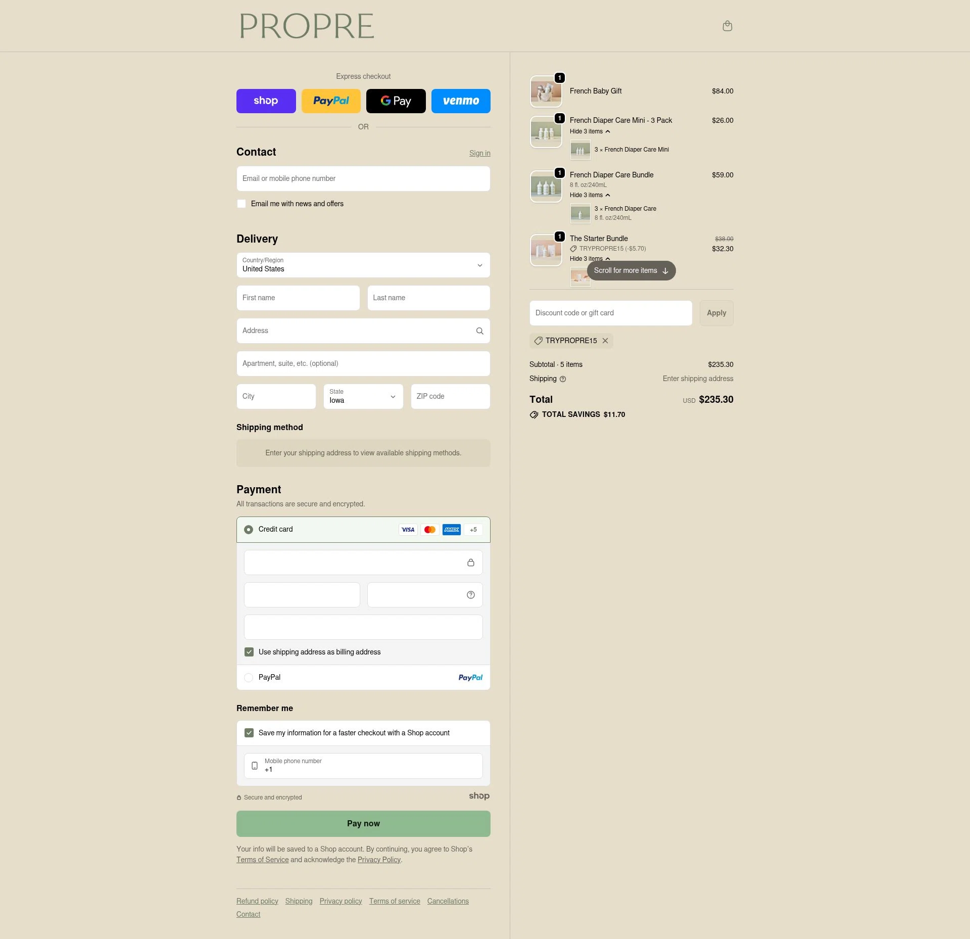 Propre Baby checkout page showing Propre Baby promo code box | Screenshot taken by SimplyCodes community member on Dec 9, 2025