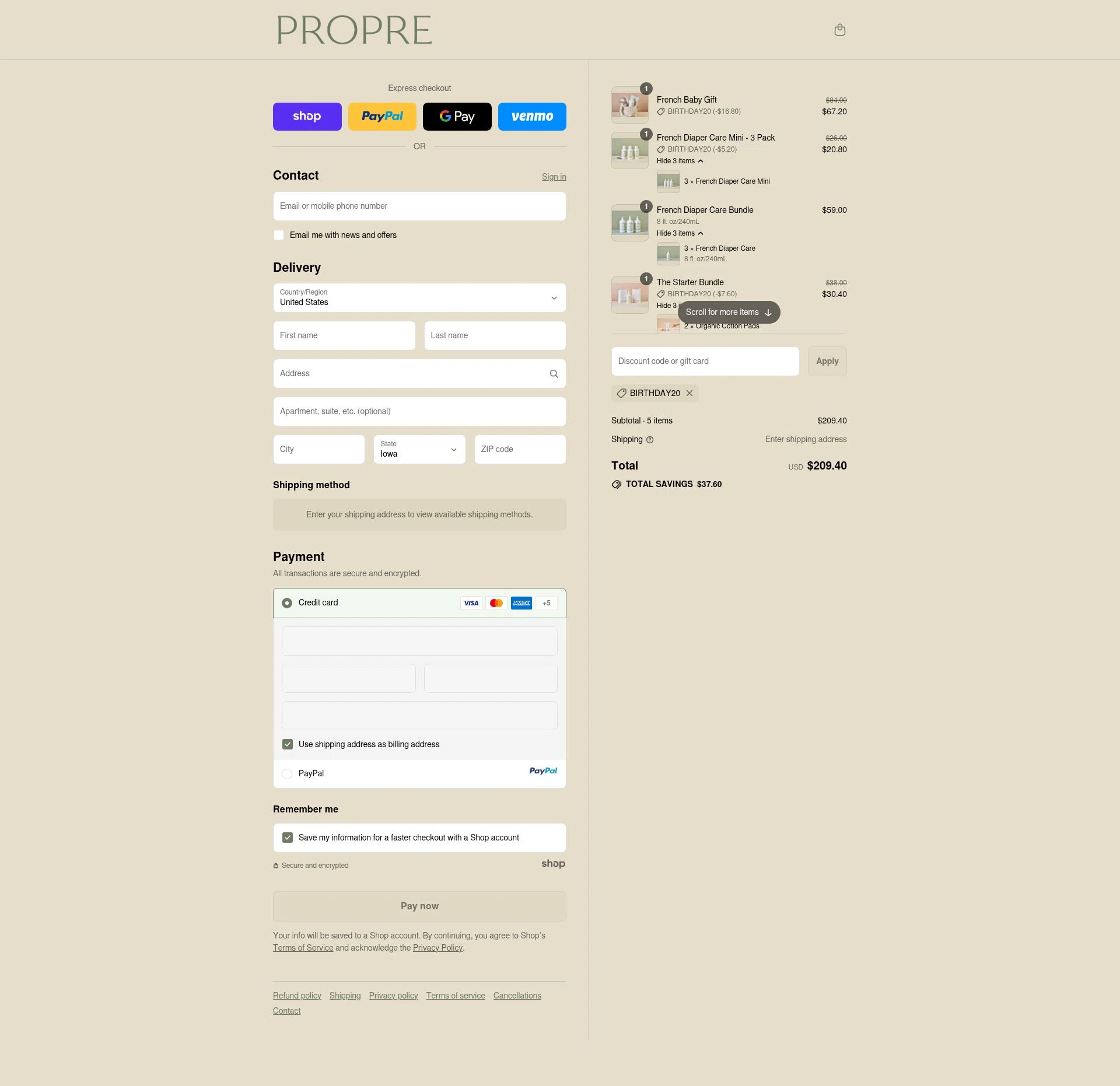 Propre Baby checkout page showing Propre Baby promo code box | Screenshot taken by SimplyCodes community member on Sep 15, 2025