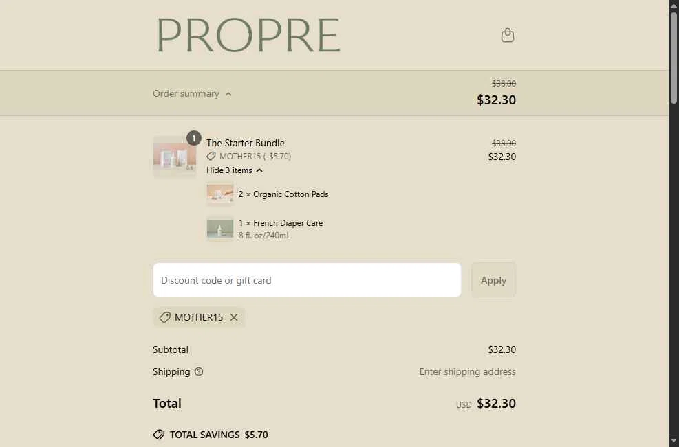 Propre Baby checkout page showing Propre Baby promo code box | Screenshot taken by SimplyCodes community member on May 7, 2025