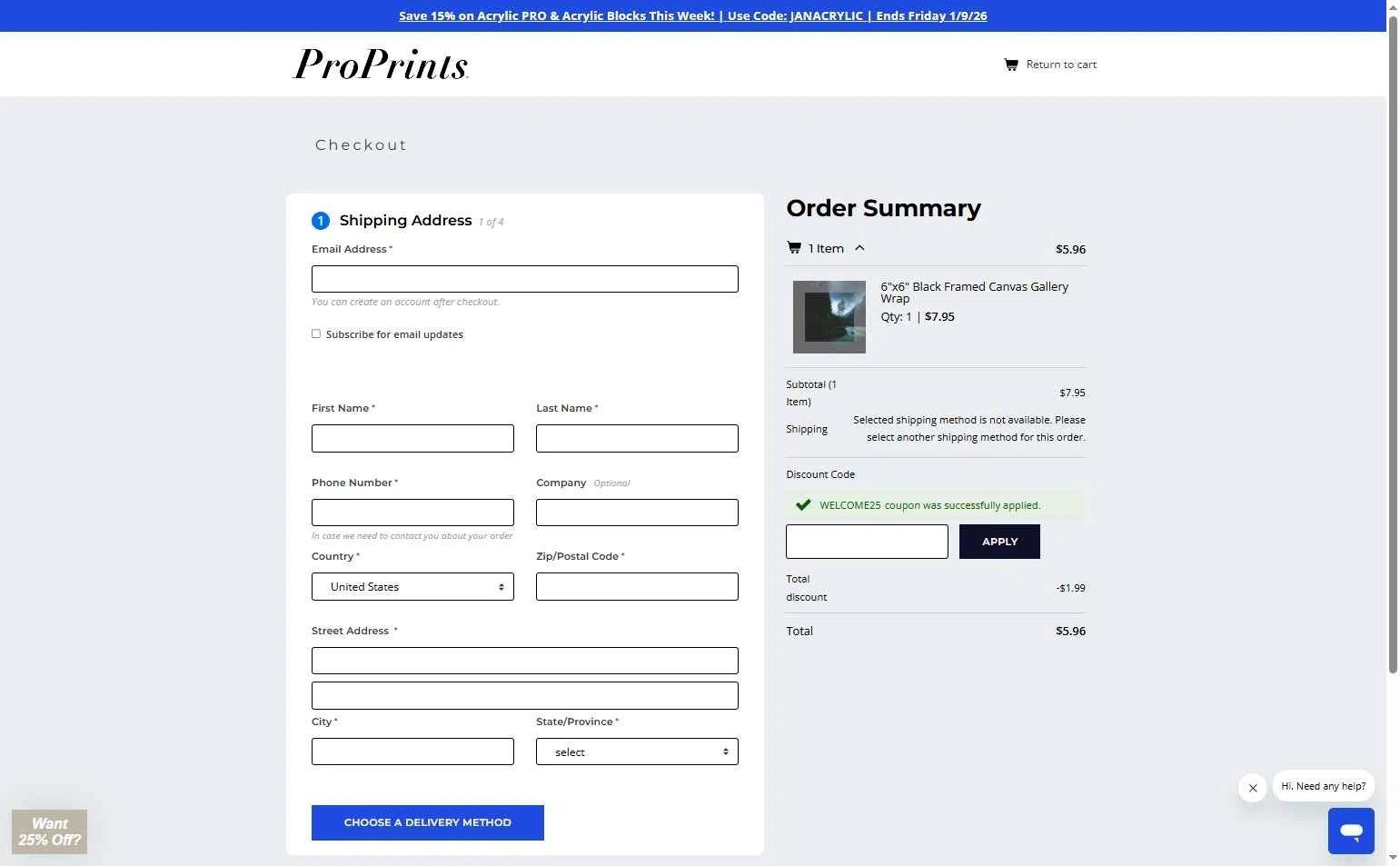 Pro Prints checkout page showing Pro Prints discount code box | Screenshot taken by SimplyCodes community member on Jan 9, 2026