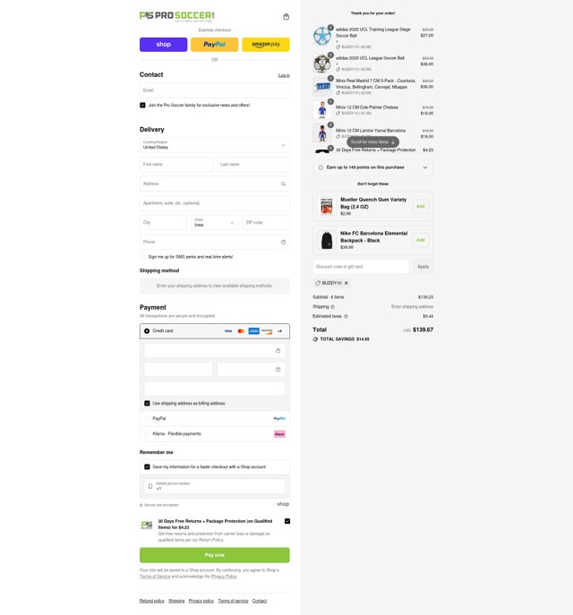 ProSoccer.com checkout page showing ProSoccer.com promo code box | Screenshot taken by SimplyCodes community member on Aug 31, 2025