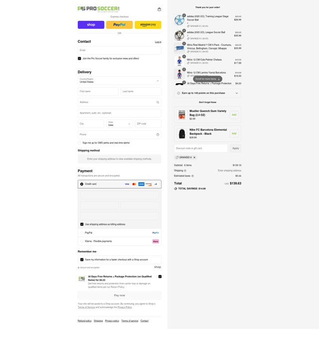 ProSoccer.com checkout page showing ProSoccer.com promo code box | Screenshot taken by SimplyCodes community member on Sep 4, 2025