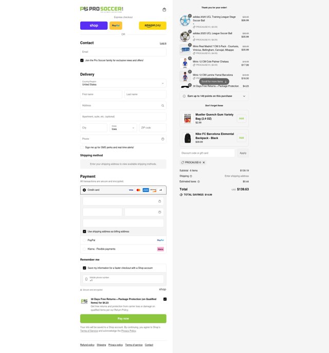 ProSoccer.com checkout page showing ProSoccer.com promo code box | Screenshot taken by SimplyCodes community member on Sep 4, 2025