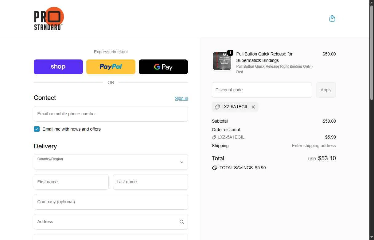 Pro Standard checkout page showing Pro Standard coupon code box | Screenshot taken by SimplyCodes community member on Feb 10, 2026