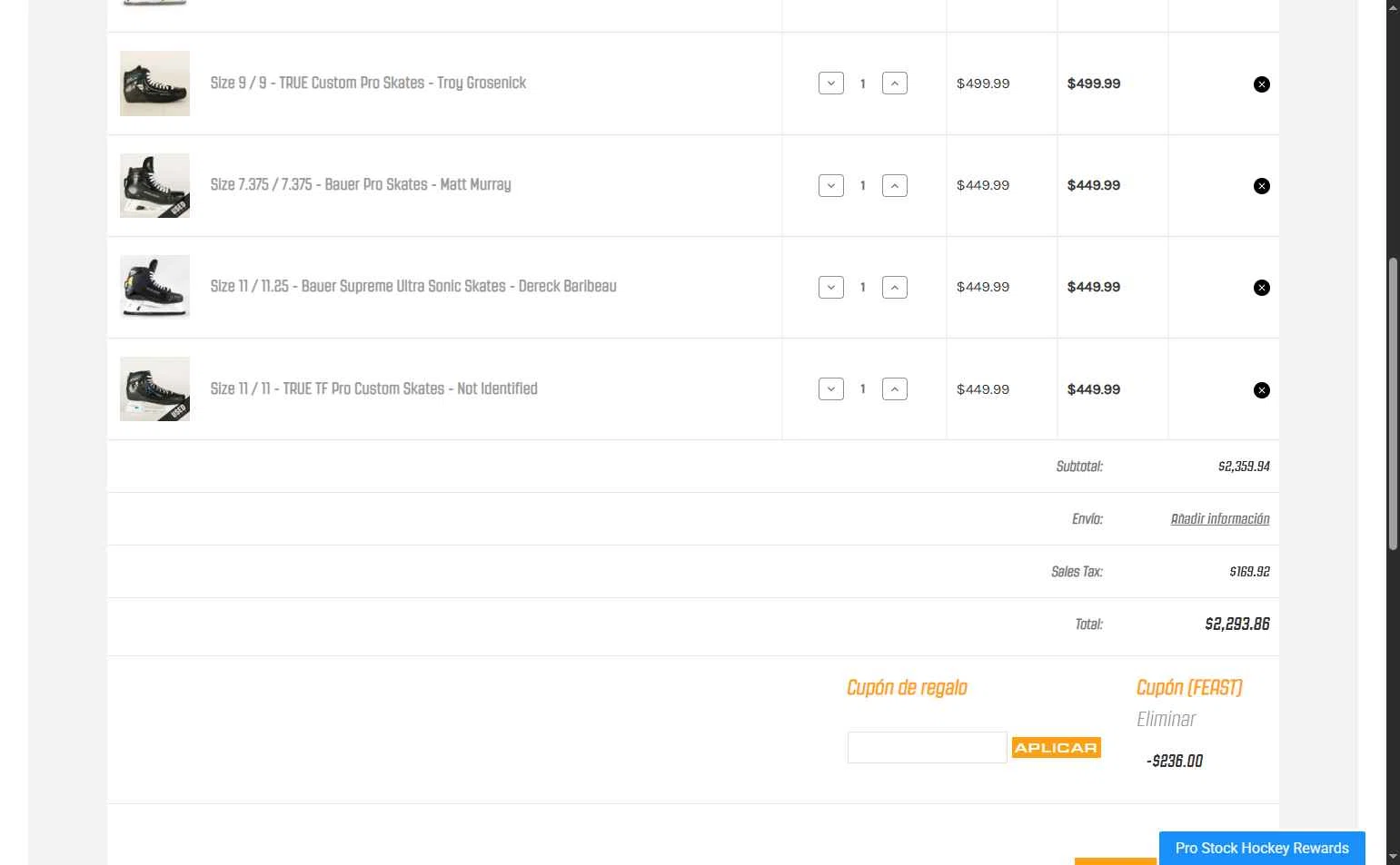 Pro Stock Hockey checkout page showing Pro Stock Hockey coupon code box | Screenshot taken by SimplyCodes community member on Nov 27, 2025