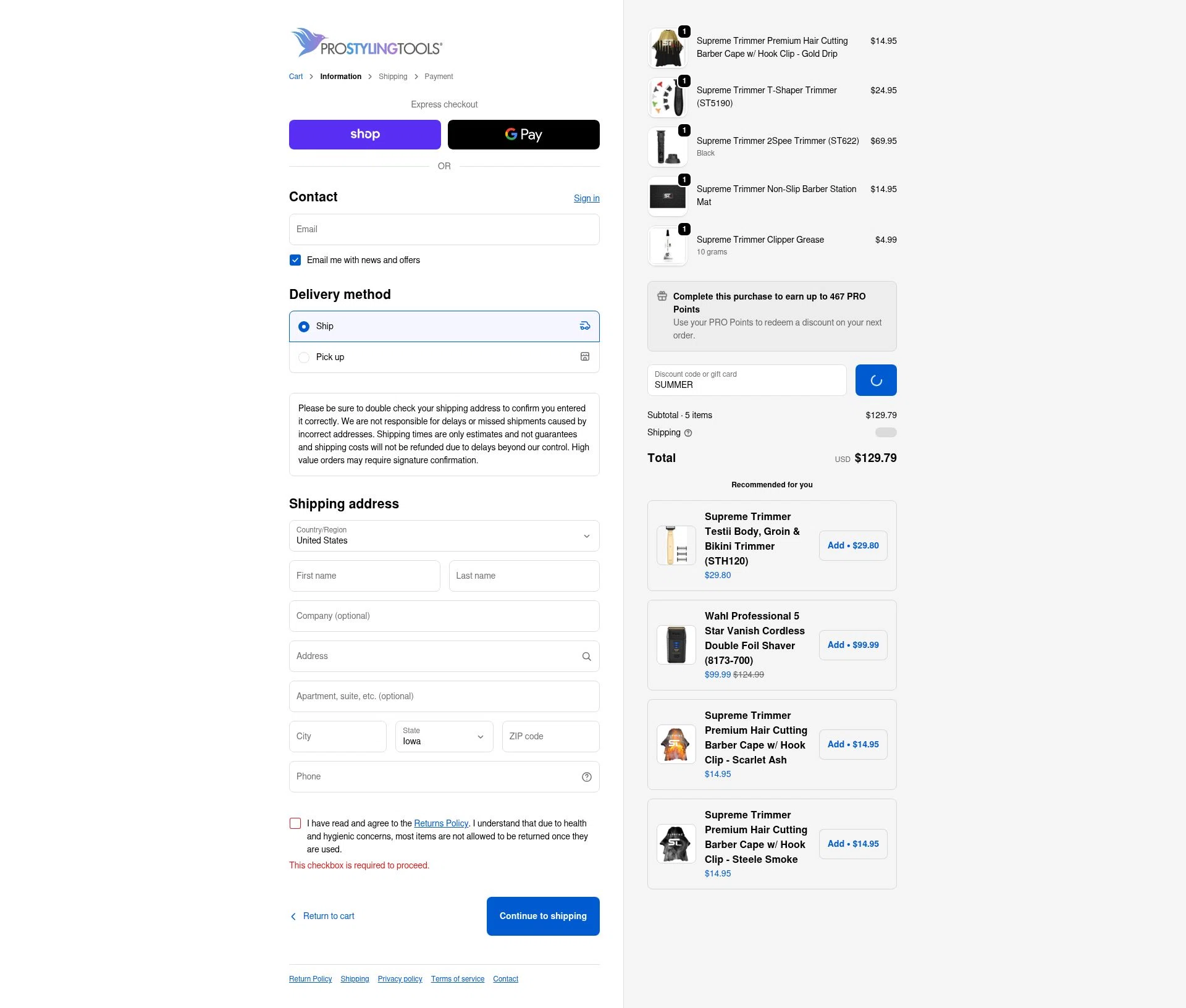 Pro Styling Tools checkout page showing Pro Styling Tools discount code box | Screenshot taken by SimplyCodes community member on Feb 17, 2026