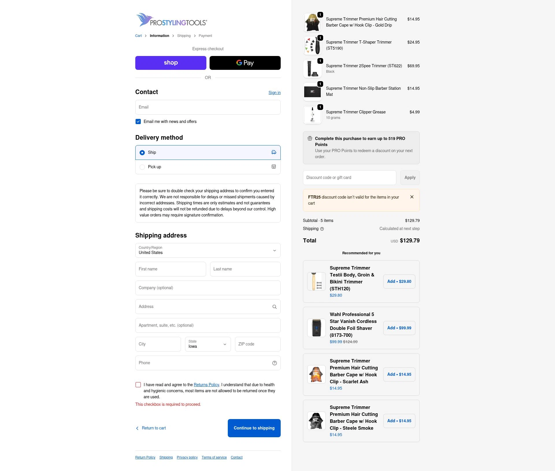 Pro Styling Tools checkout page showing Pro Styling Tools discount code box | Screenshot taken by SimplyCodes community member on Feb 17, 2026