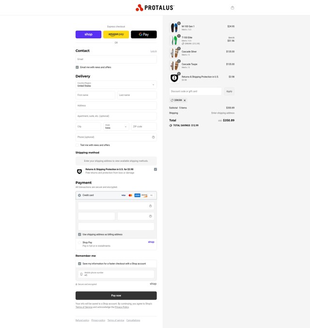 Protalus checkout page showing Protalus discount code box | Screenshot taken by SimplyCodes community member on Sep 2, 2025