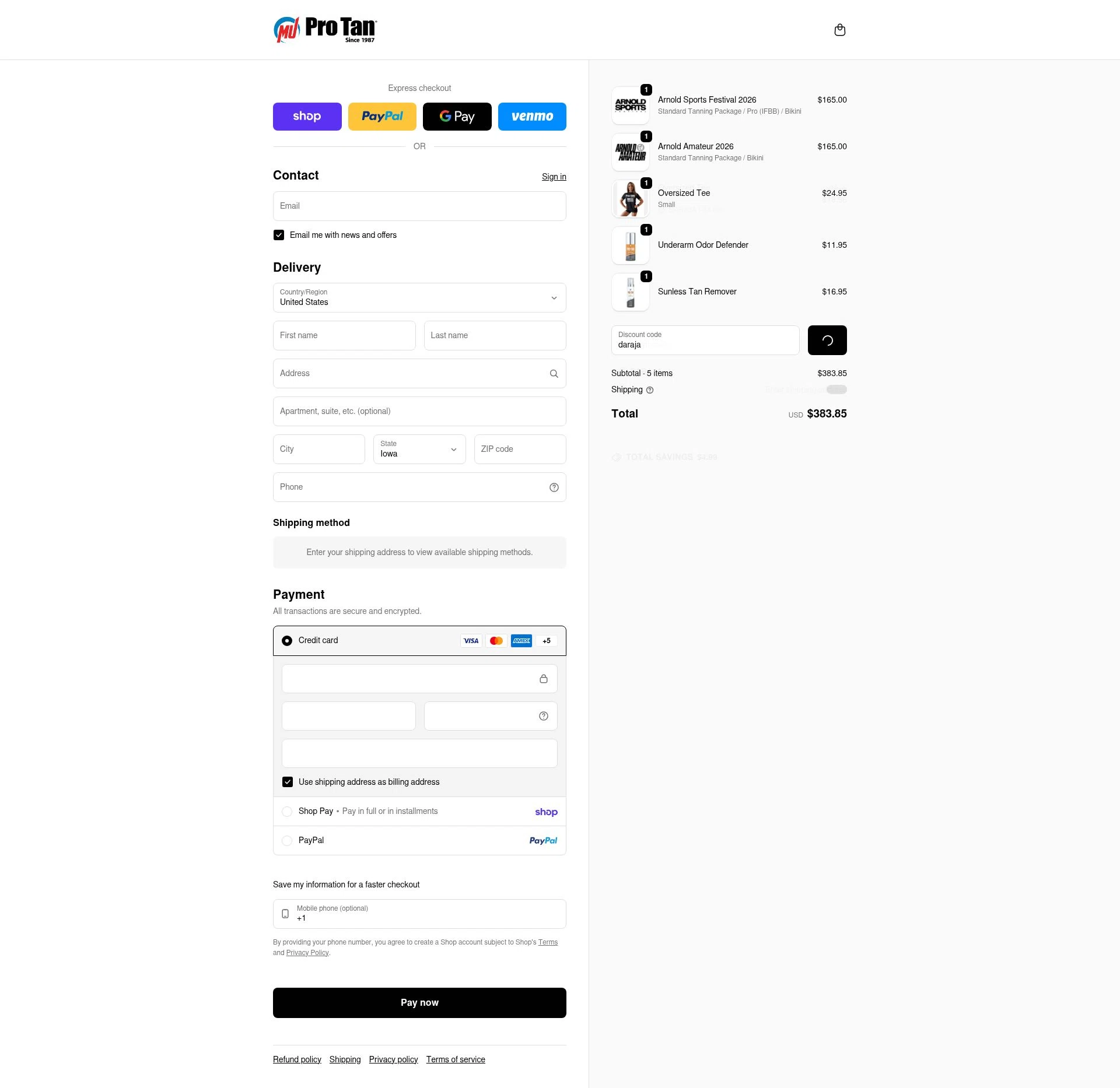 ProTan checkout page showing ProTan discount code box | Screenshot taken by SimplyCodes community member on Feb 6, 2026