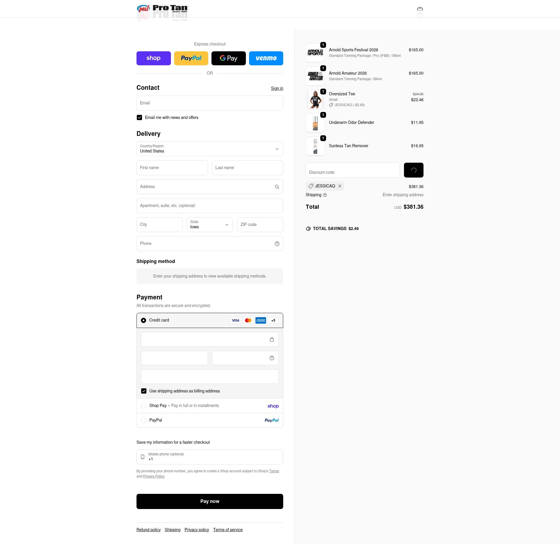 ProTan checkout page showing ProTan discount code box | Screenshot taken by SimplyCodes community member on Feb 6, 2026