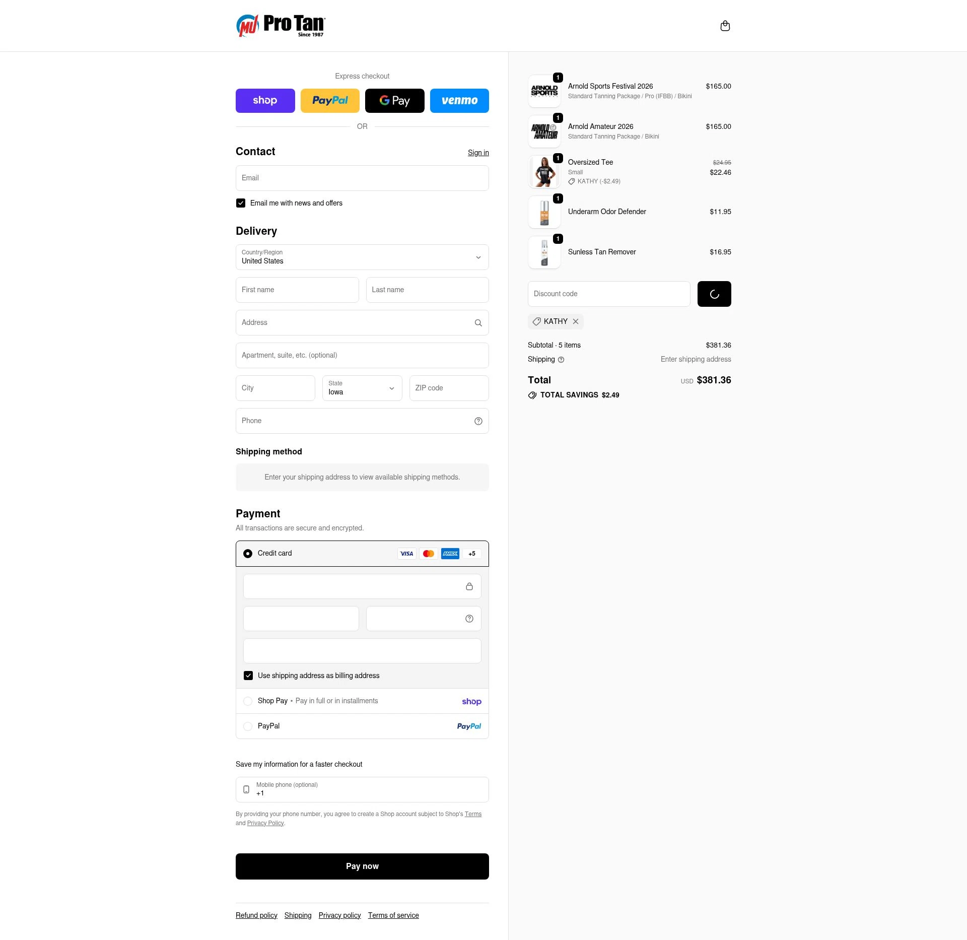 ProTan checkout page showing ProTan discount code box | Screenshot taken by SimplyCodes community member on Feb 6, 2026