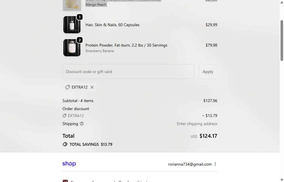 Protein.com checkout page showing Protein.com discount code box | Screenshot taken by SimplyCodes community member on Dec 1, 2025