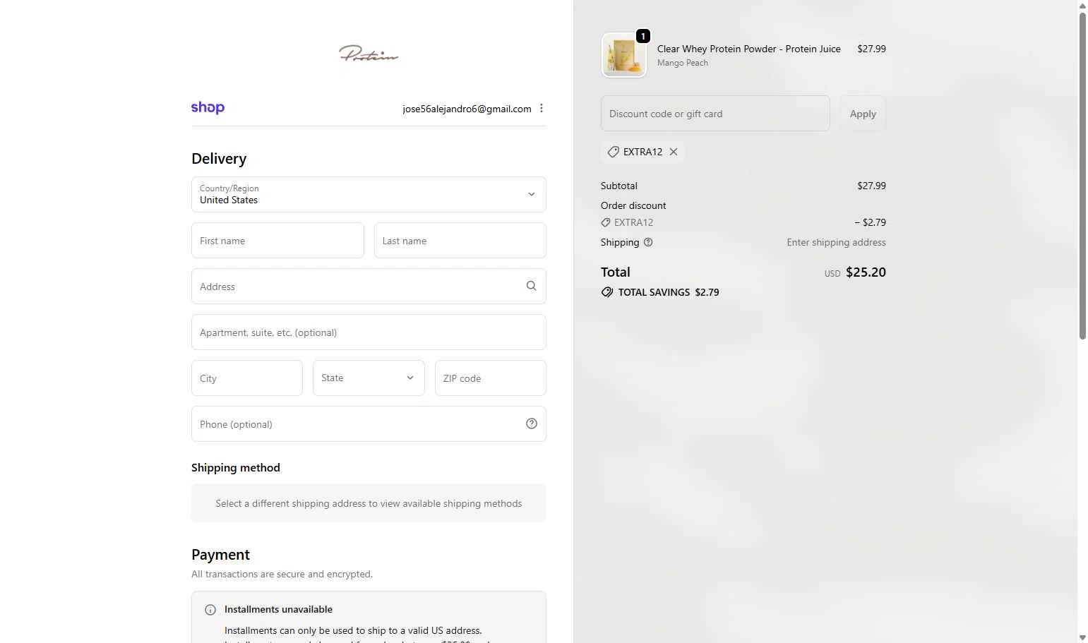 Protein.com checkout page showing Protein.com discount code box | Screenshot taken by SimplyCodes community member on Jan 2, 2026