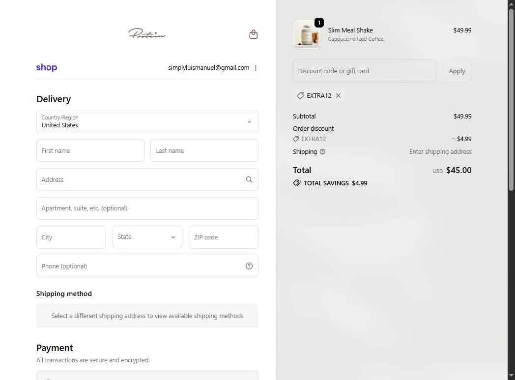 Protein.com checkout page showing Protein.com discount code box | Screenshot taken by SimplyCodes community member on Feb 1, 2026