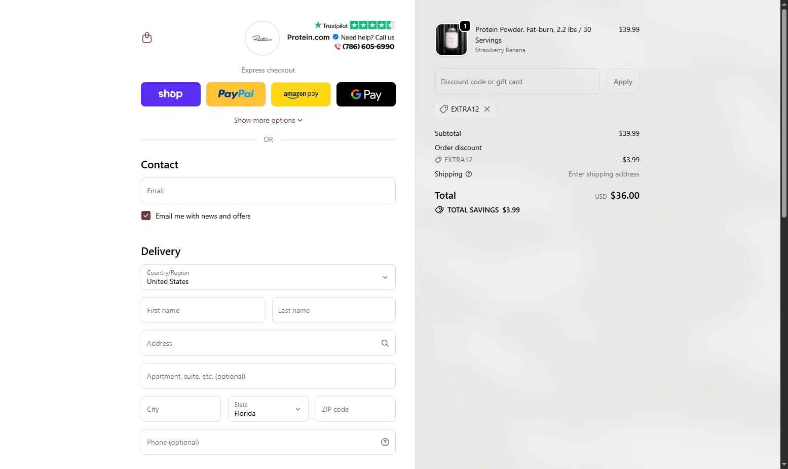 Protein.com checkout page showing Protein.com discount code box | Screenshot taken by SimplyCodes community member on Nov 25, 2025