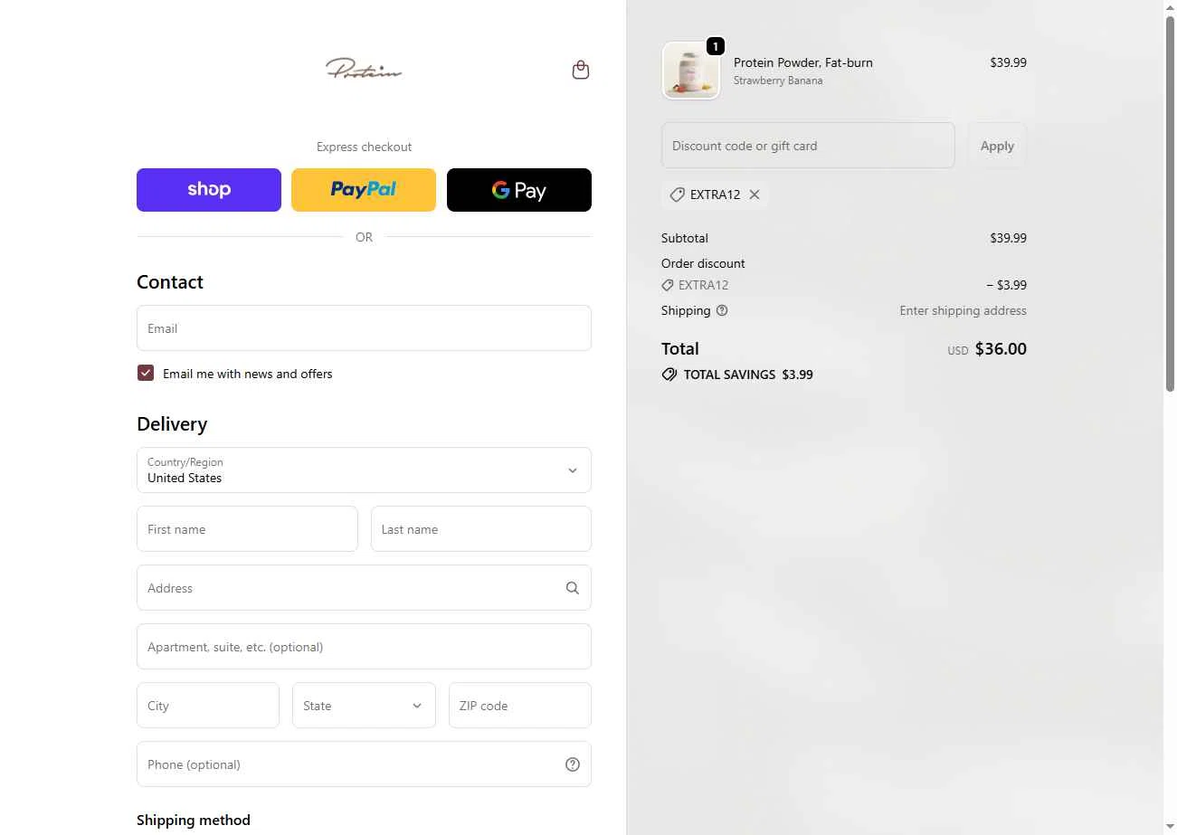 Protein.com checkout page showing Protein.com discount code box | Screenshot taken by SimplyCodes community member on Jan 20, 2026
