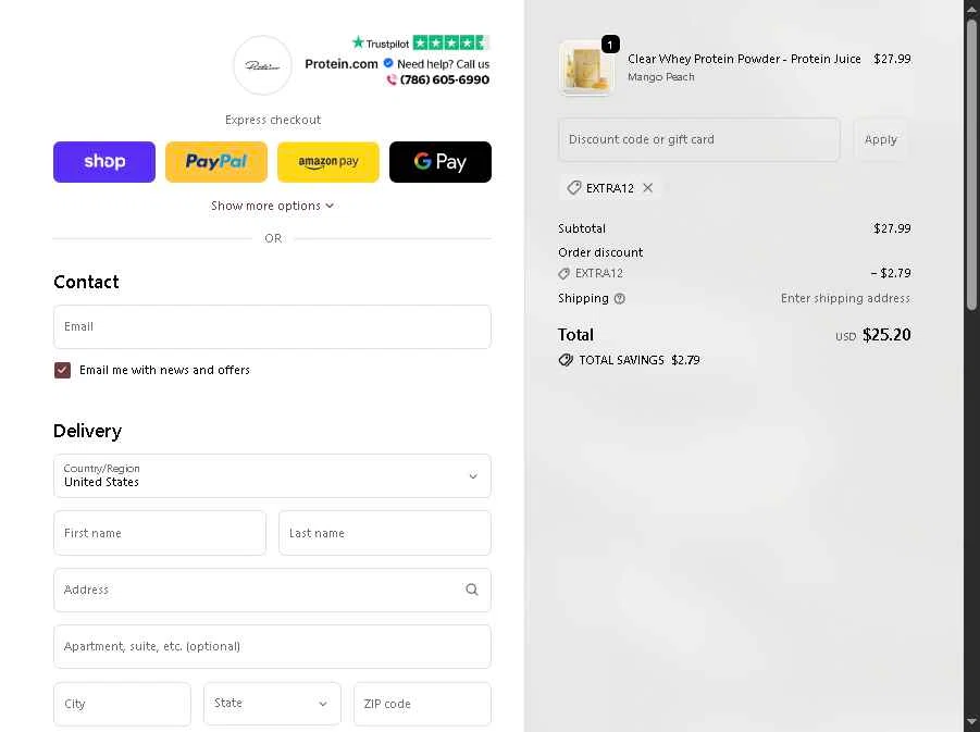 Protein.com checkout page showing Protein.com discount code box | Screenshot taken by SimplyCodes community member on Dec 8, 2025