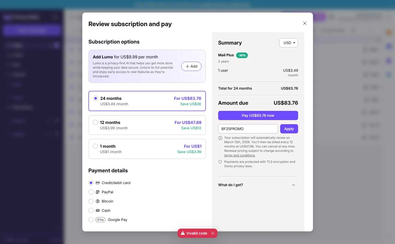Verification screenshot for 20% Off Mail Plus Proton Select Option Mail Plus (the Link Sends You to the Code and the Code Is Inside the Link) at ProtonMail - 3mo ago
