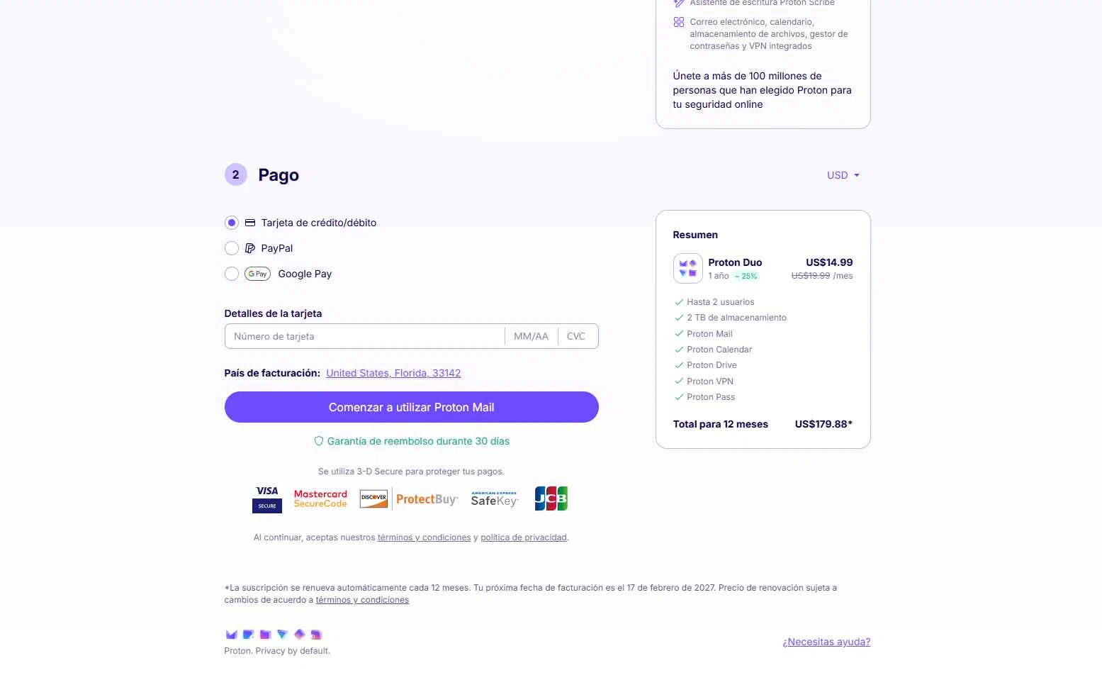 ProtonMail checkout page showing ProtonMail discount code box | Screenshot taken by SimplyCodes community member on Feb 17, 2026