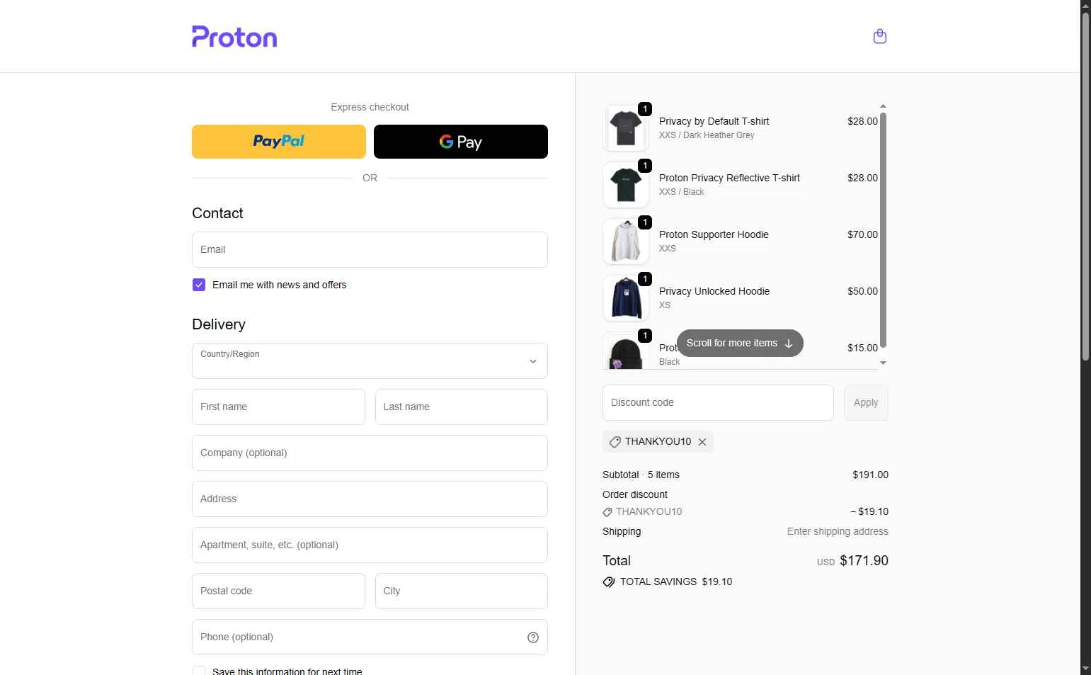 ProtonMail checkout page showing ProtonMail discount code box | Screenshot taken by SimplyCodes community member on Feb 10, 2026