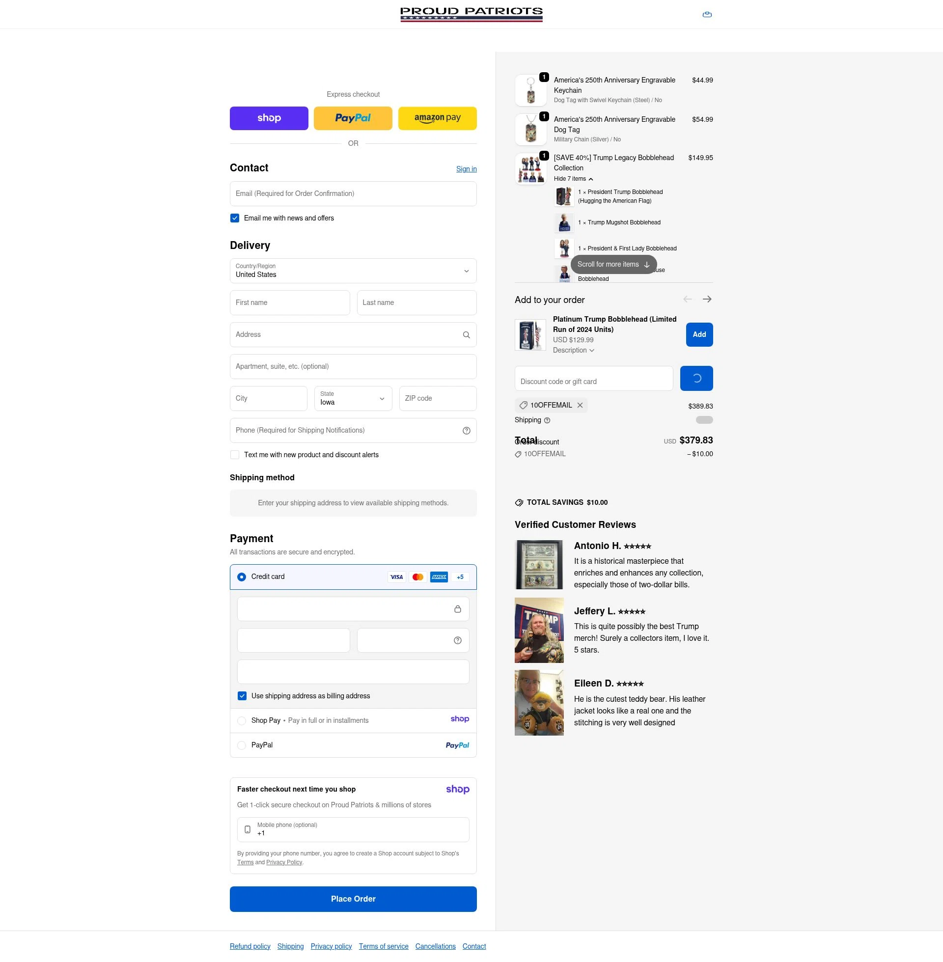 Proud Patriots checkout page showing Proud Patriots discount code box | Screenshot taken by SimplyCodes community member on Jan 8, 2026