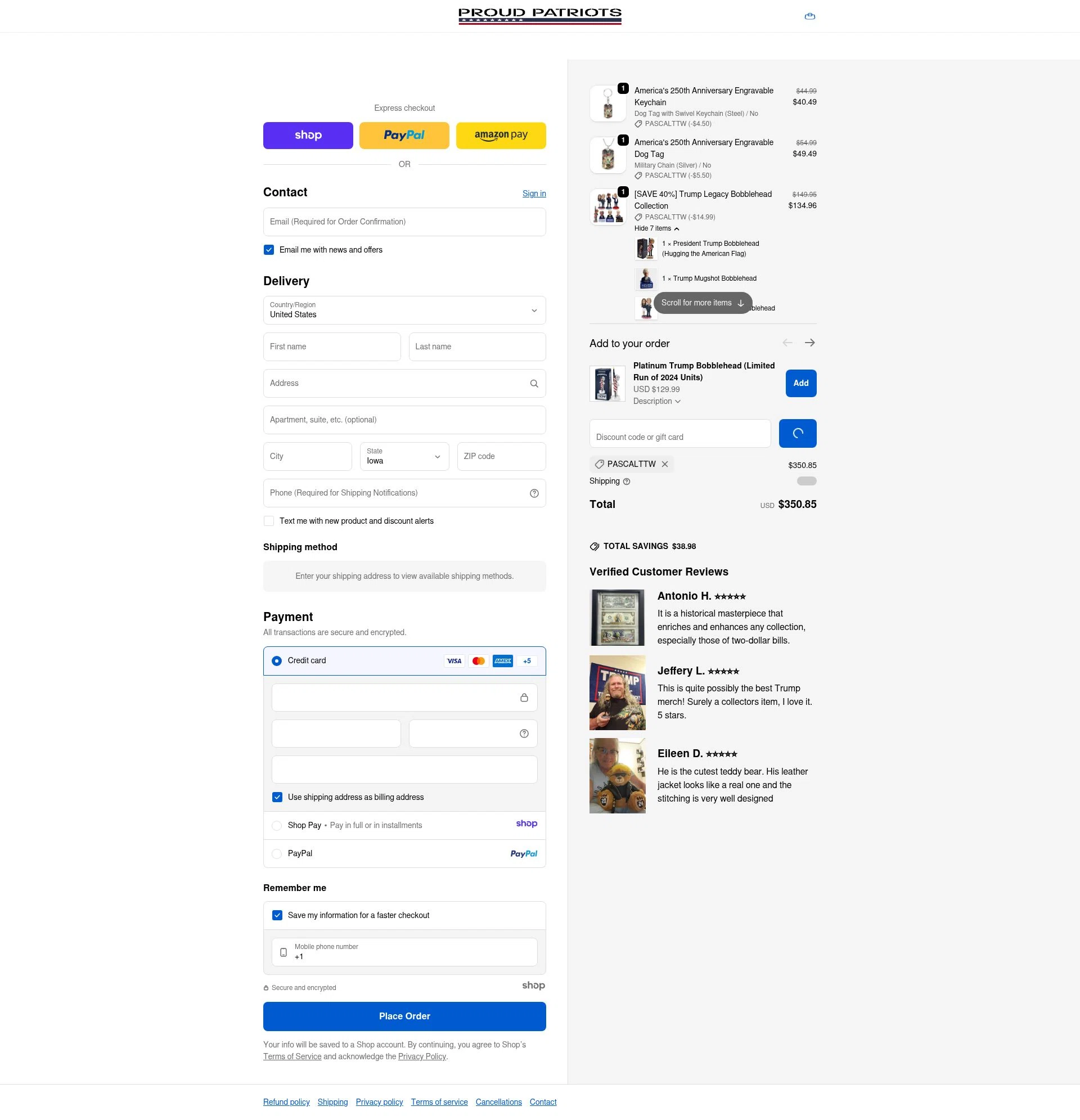 Proud Patriots checkout page showing Proud Patriots discount code box | Screenshot taken by SimplyCodes community member on Jan 8, 2026
