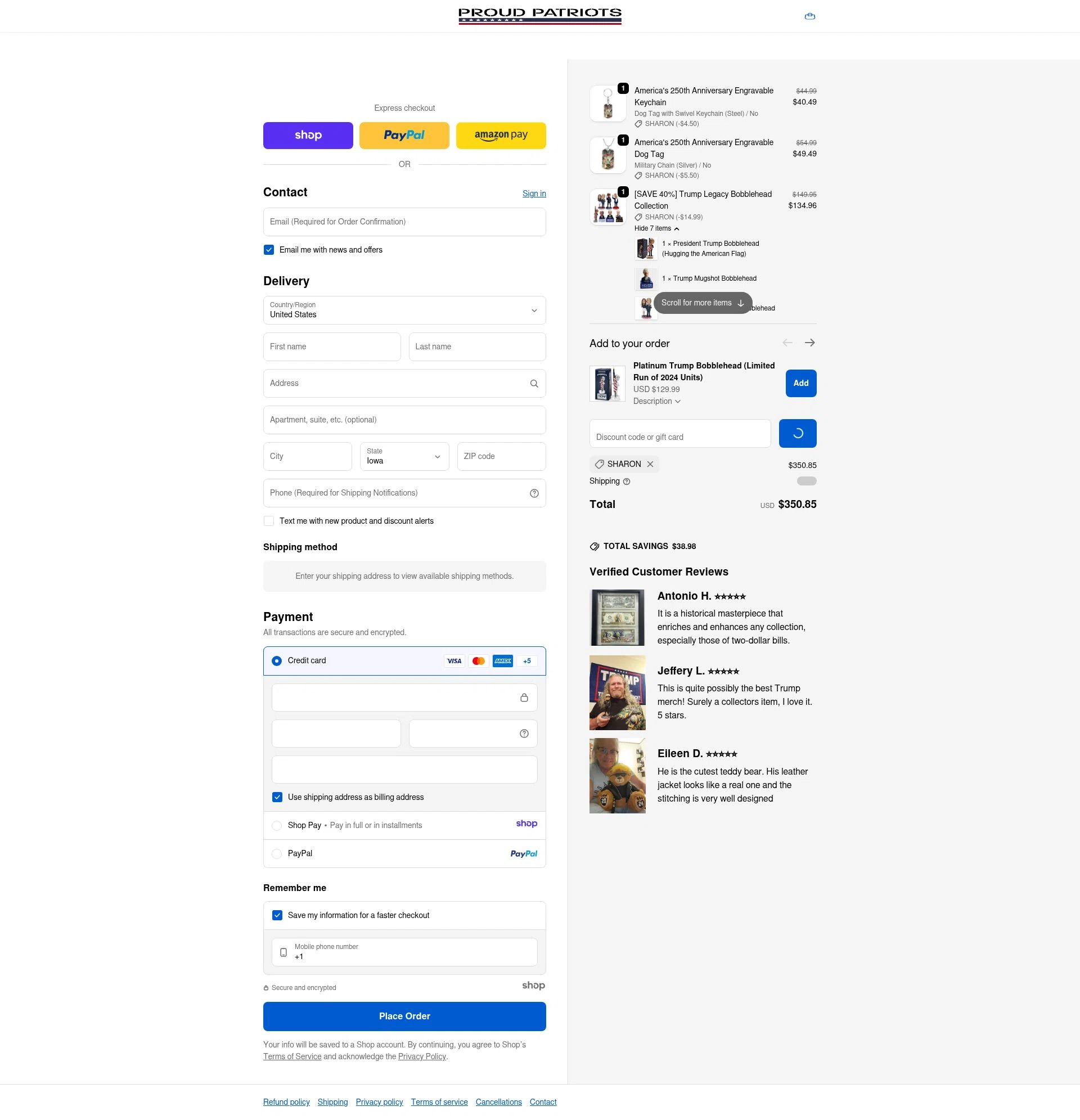 Proud Patriots checkout page showing Proud Patriots discount code box | Screenshot taken by SimplyCodes community member on Jan 8, 2026