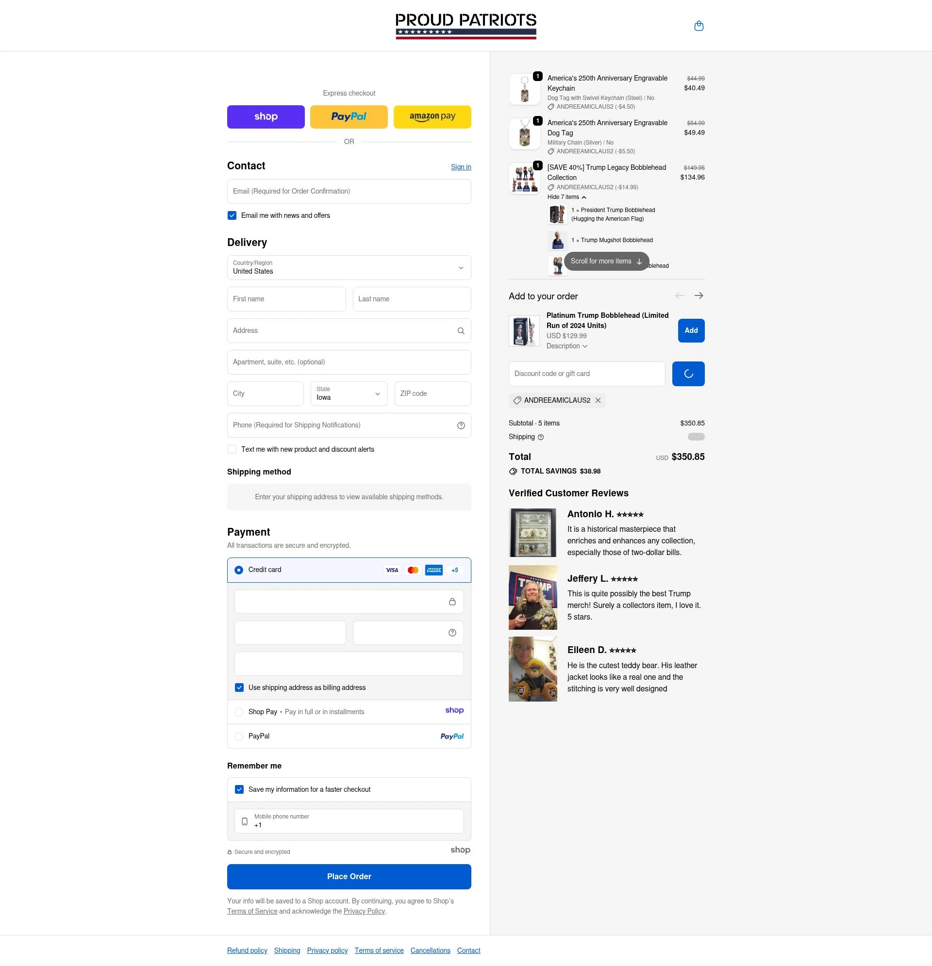 Proud Patriots checkout page showing Proud Patriots discount code box | Screenshot taken by SimplyCodes community member on Jan 8, 2026