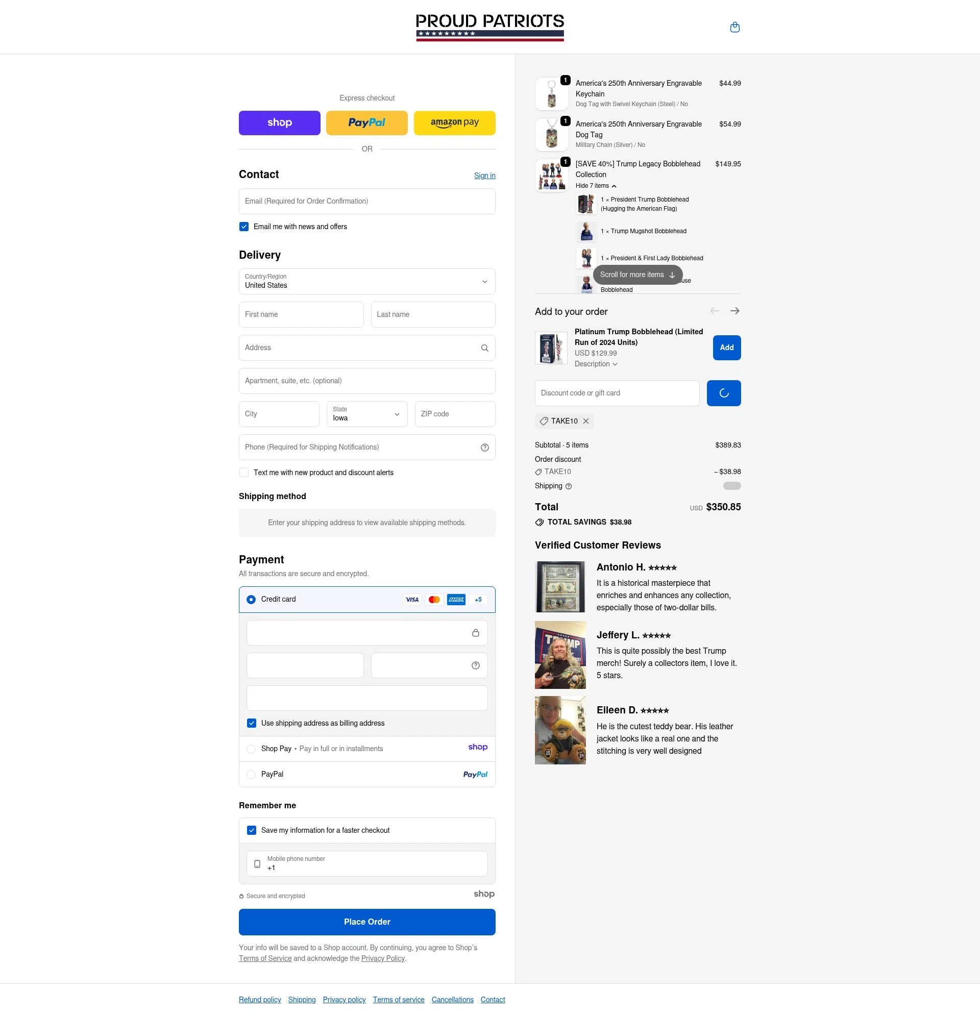 Proud Patriots checkout page showing Proud Patriots discount code box | Screenshot taken by SimplyCodes community member on Jan 8, 2026