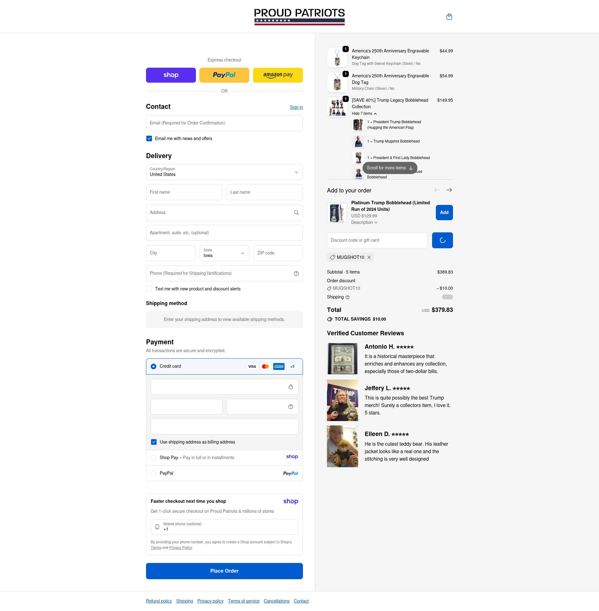 Proud Patriots checkout page showing Proud Patriots discount code box | Screenshot taken by SimplyCodes community member on Jan 8, 2026