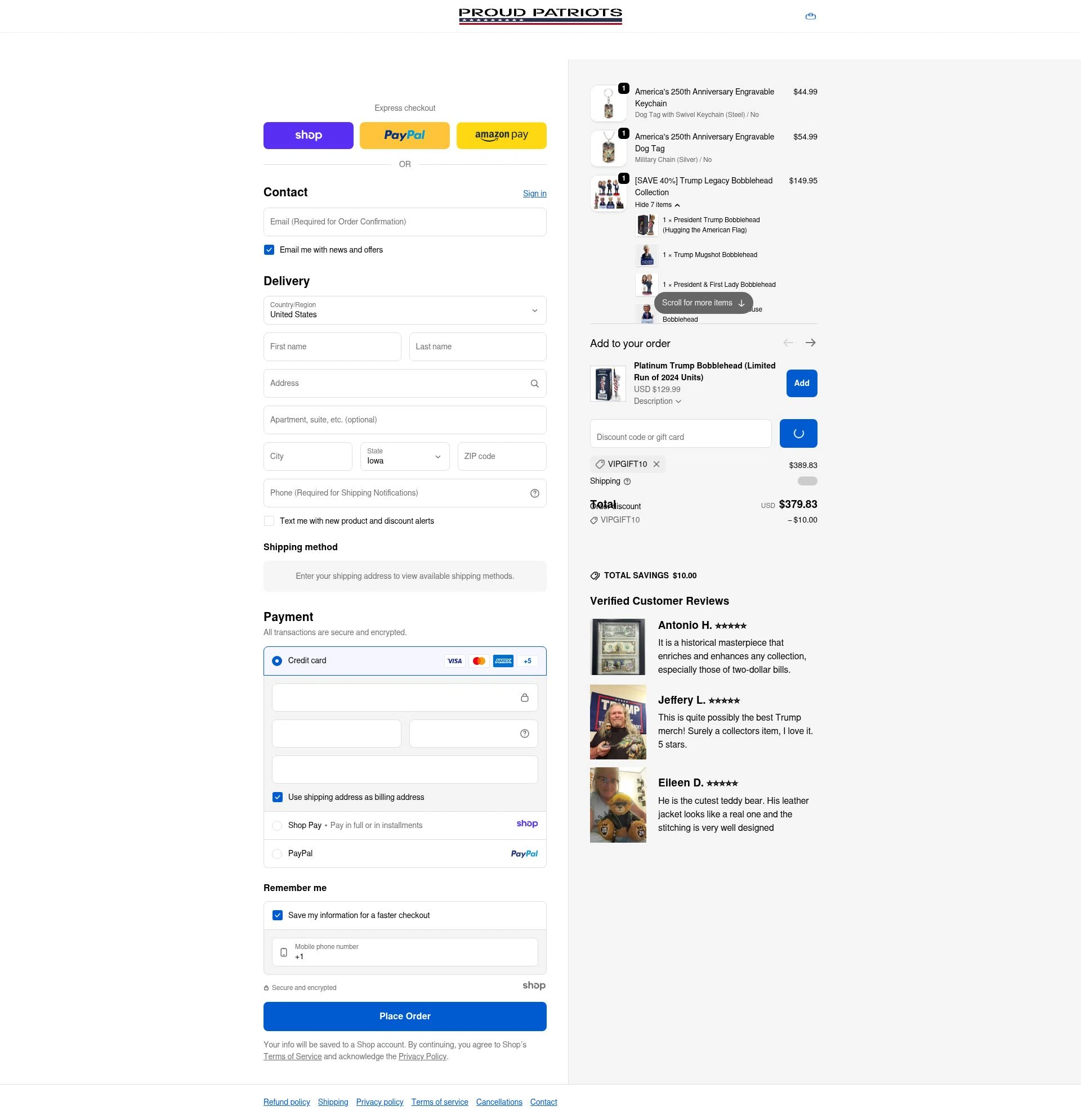 Proud Patriots checkout page showing Proud Patriots discount code box | Screenshot taken by SimplyCodes community member on Jan 8, 2026