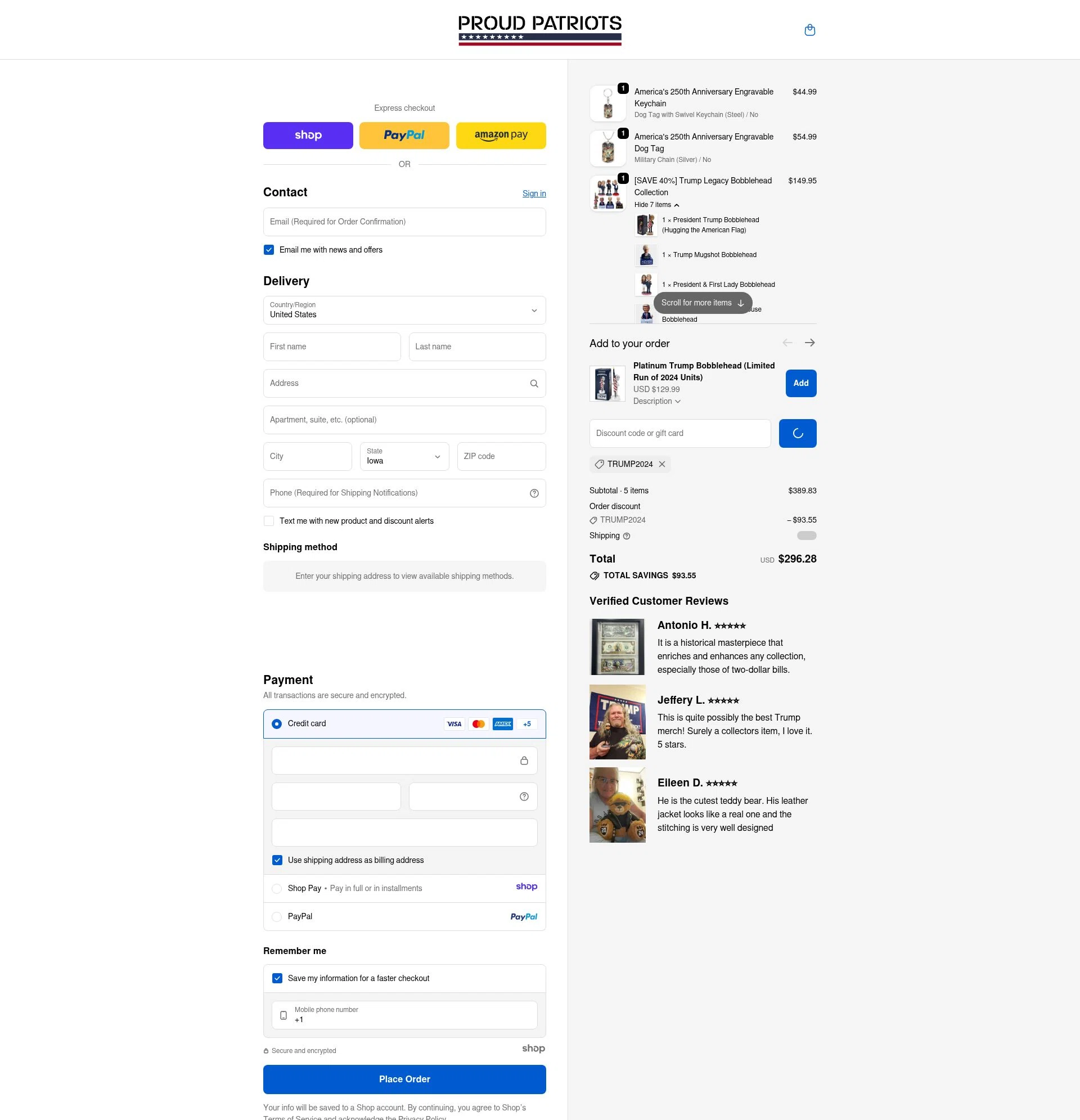 Proud Patriots checkout page showing Proud Patriots discount code box | Screenshot taken by SimplyCodes community member on Jan 8, 2026