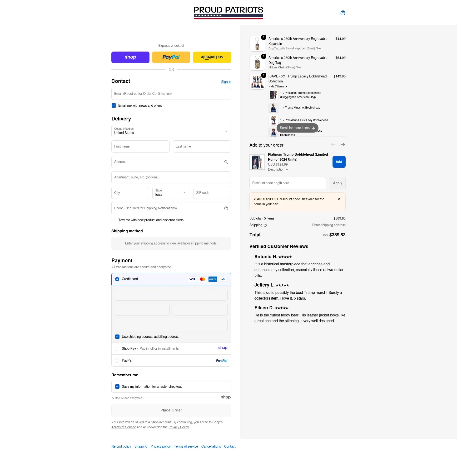 Proud Patriots checkout page showing Proud Patriots discount code box | Screenshot taken by SimplyCodes community member on Jan 8, 2026