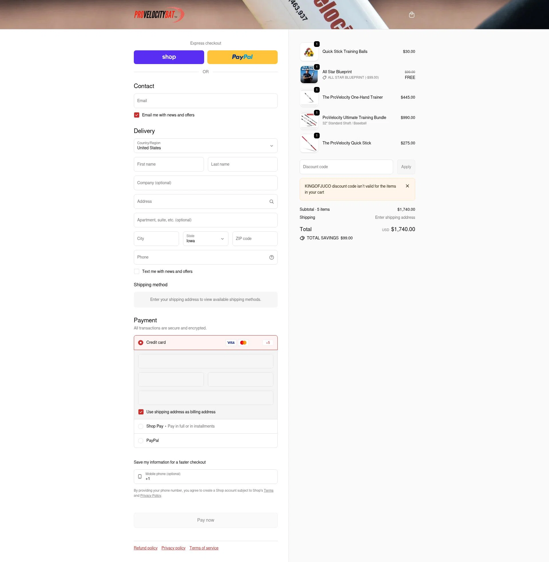 ProVelocityBat checkout page showing ProVelocityBat promo code box | Screenshot taken by SimplyCodes community member on Feb 8, 2026