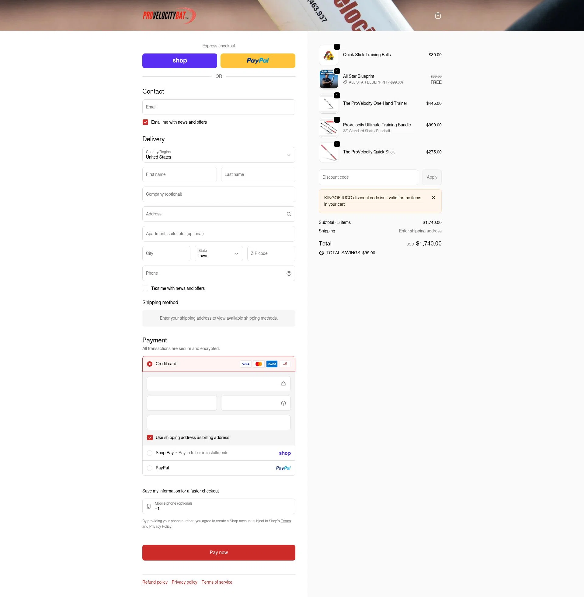ProVelocityBat checkout page showing ProVelocityBat promo code box | Screenshot taken by SimplyCodes community member on Feb 14, 2026