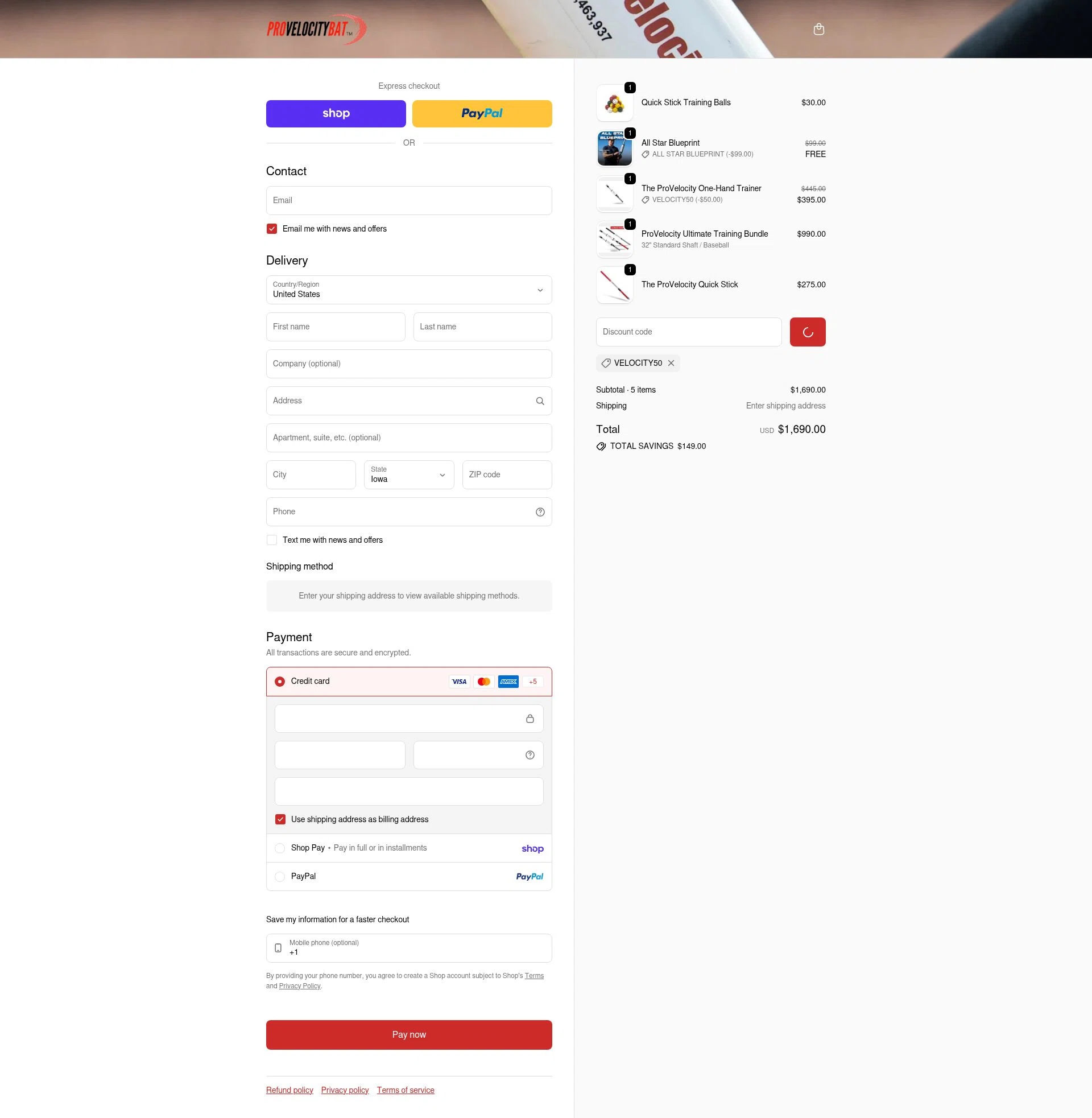 ProVelocityBat checkout page showing ProVelocityBat promo code box | Screenshot taken by SimplyCodes community member on Feb 9, 2026