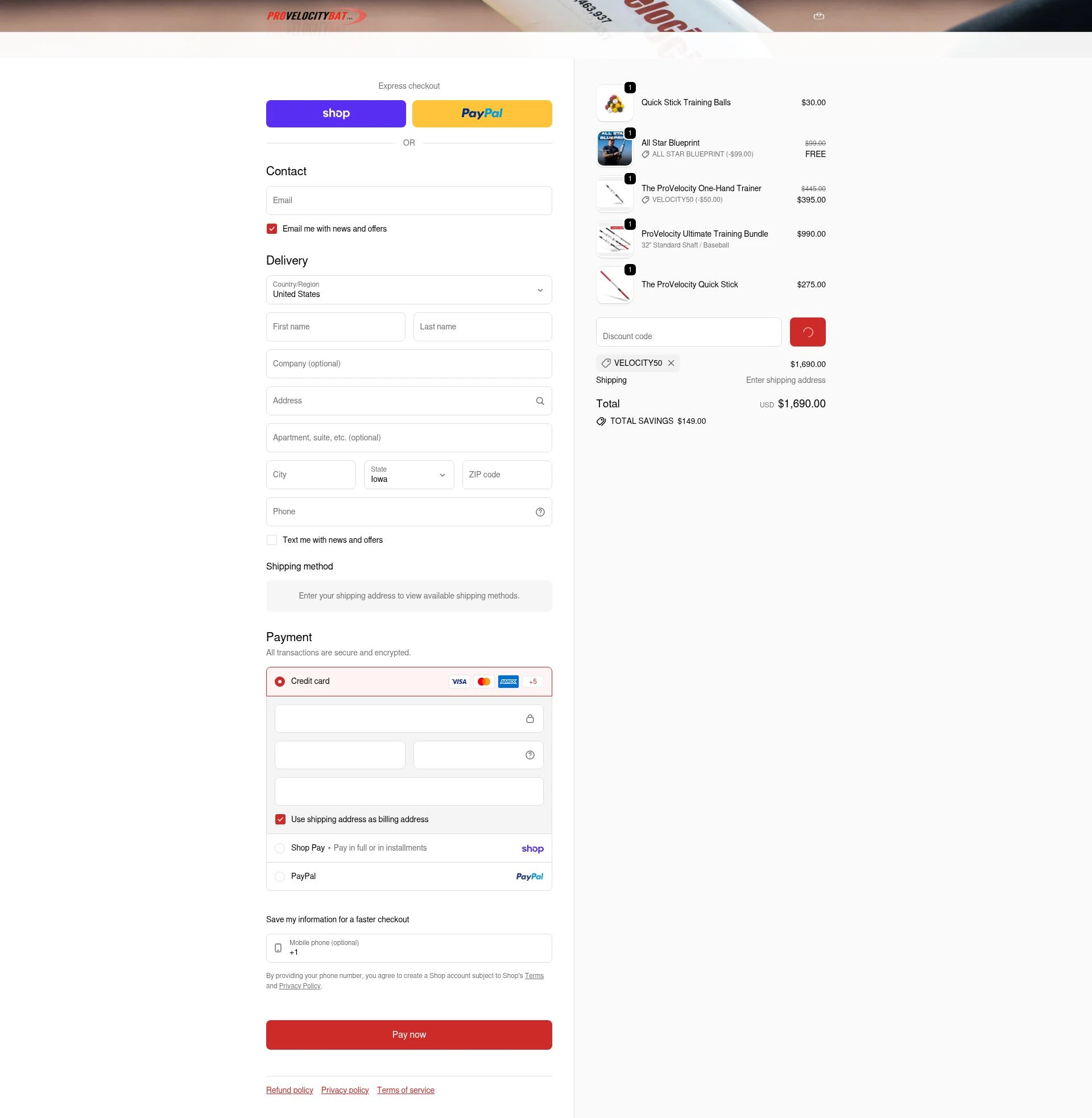 ProVelocityBat checkout page showing ProVelocityBat promo code box | Screenshot taken by SimplyCodes community member on Feb 14, 2026