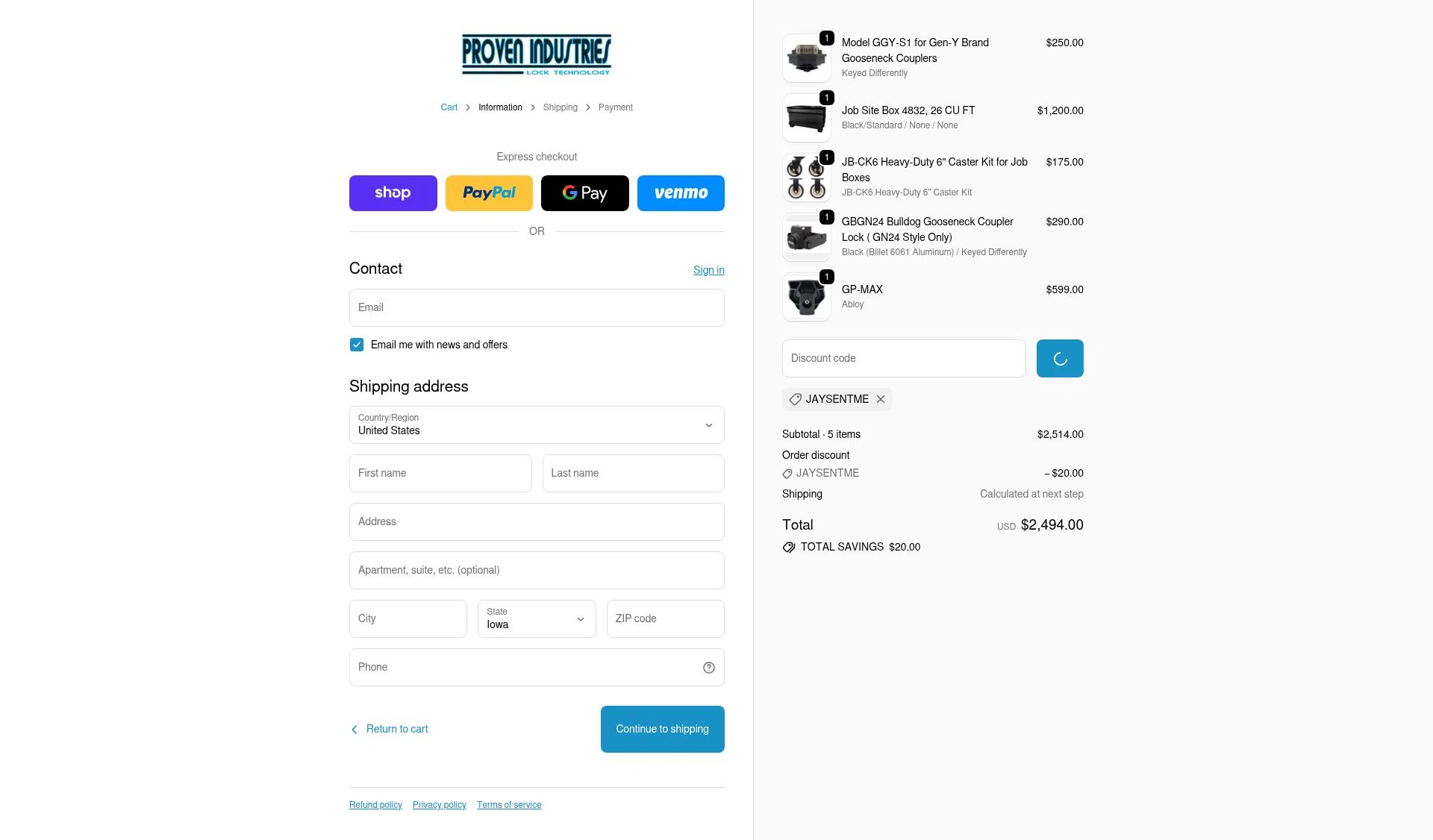 Proven Industries checkout page showing Proven Industries discount code box | Screenshot taken by SimplyCodes community member on Feb 1, 2026