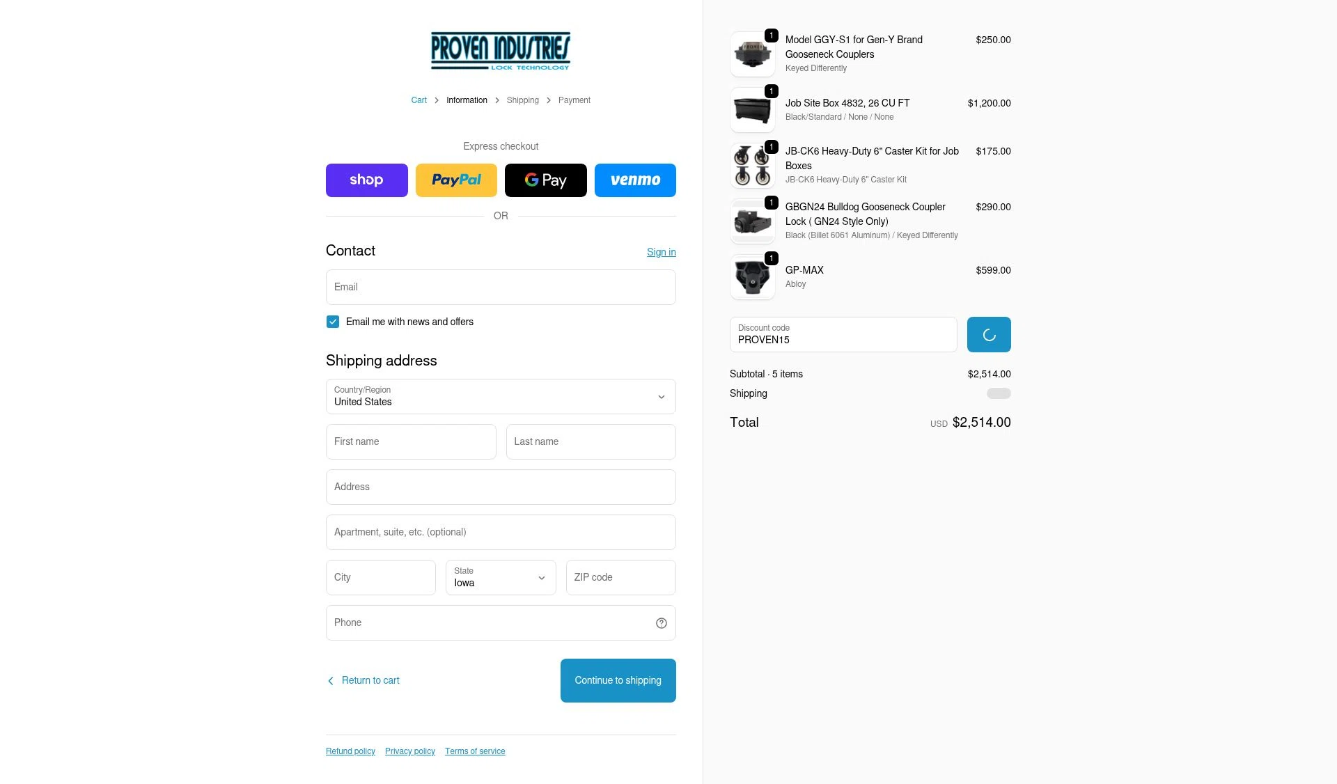 Proven Industries checkout page showing Proven Industries discount code box | Screenshot taken by SimplyCodes community member on Feb 6, 2026